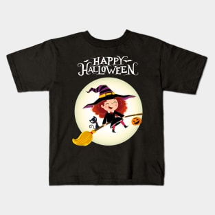 Happy Halloween with cute little girl witch and cat Kids T-Shirt